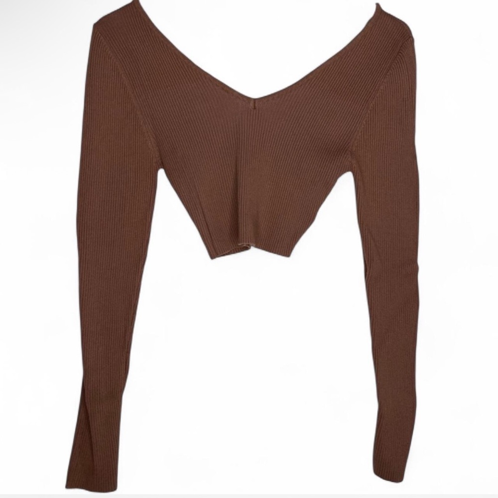 Brown Burgundy Ribbed Knitwear V Cut Long Sleeve Crop Top